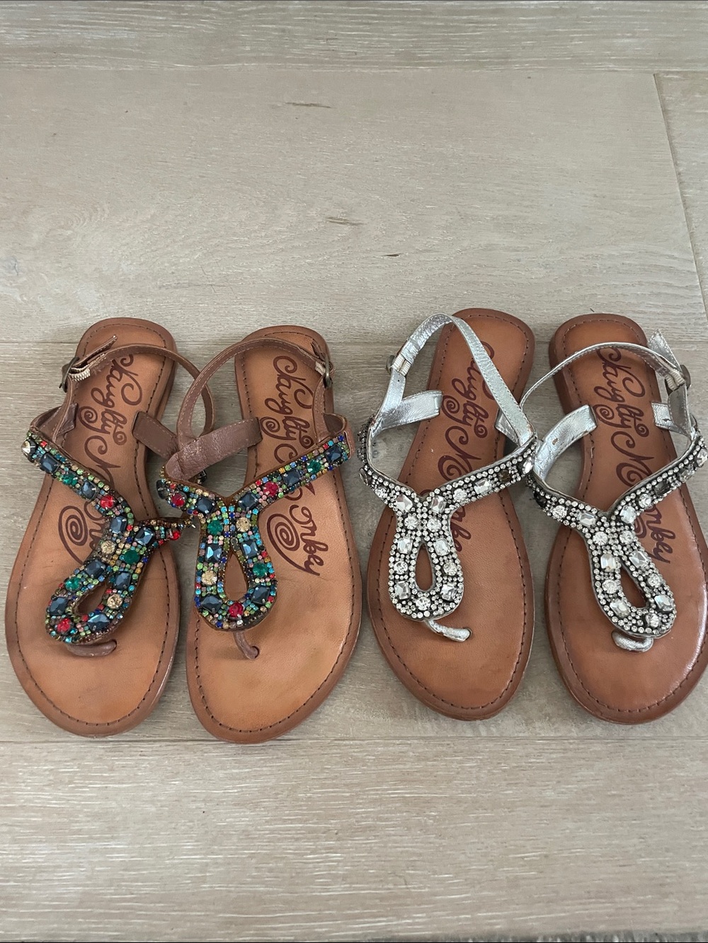Naughty Monkey T-Strap Leather Sandals - Multicolor & Silver